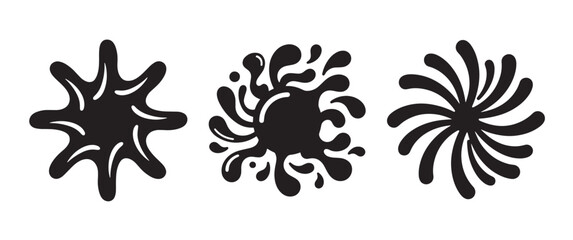Fototapeta premium Three black liquid splash and swirl featuring a blob shape, a circular paint splatter with droplets, and a radial spiral vortex on a white background