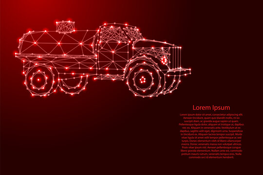 tanker truck for transportation of fuel from futuristic polygonal red lines and glowing stars for banner, poster, greeting card