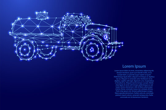 tanker truck for transportation of fuel from futuristic polygonal blue lines and glowing stars for banner, poster, greeting card