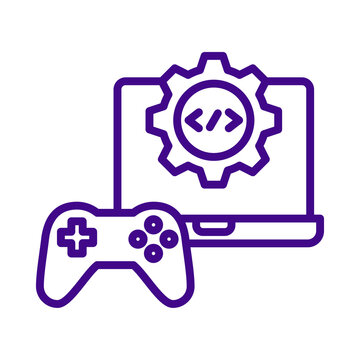 Game development concept showing a laptop computer with a gear icon and a video game controller transparent background
