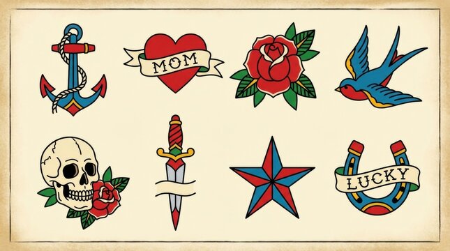A set of traditional old school tattoo flash designs, featuring an anchor, heart, rose, swallow, skull, dagger, star, and horseshoe in vibrant retro colors.