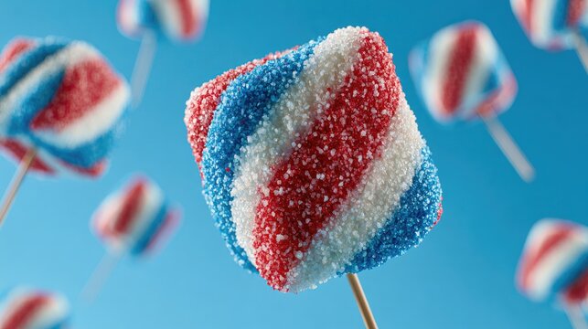 Red, white, and blue striped candy on sticks, with a sugary coating