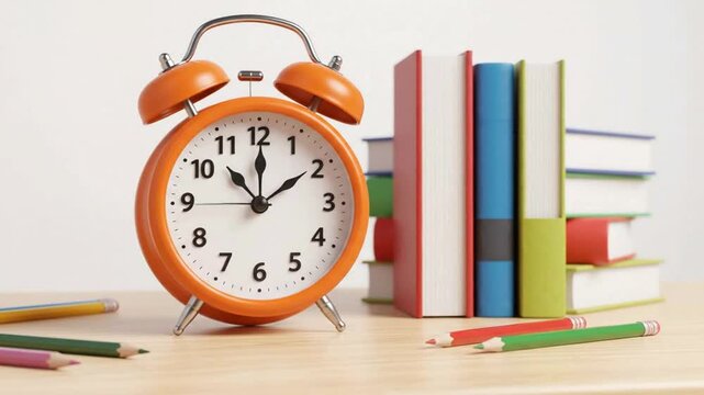 Orange alarm clock ticking on desk with stack of books and pencils for time management and education concepts