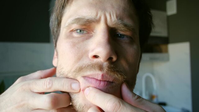 Concentrated young caucasian man with a concerned expression squeezing a red pimple on his chin, examining his face for acne and skin problems in a bathroom during his morning routine