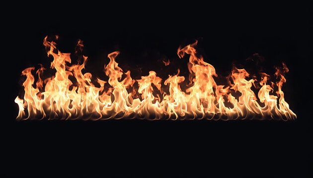 Real fire flames isolated on black background. Burning fire line for graphic design projects.