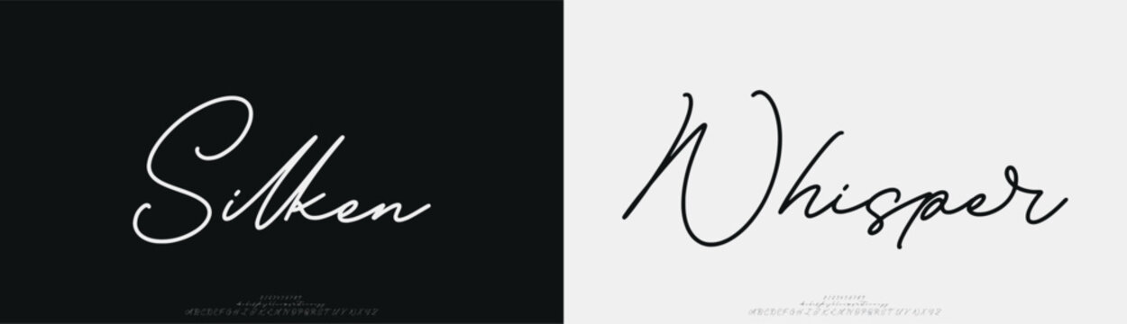 Silken Whisper, Script luxury wedding alphabet letters font with tails. Typography elegant classic serif fonts and number decorative vintage retro concept for logo branding. vector illustration