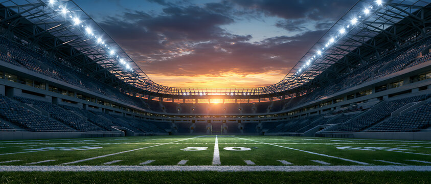 American football stadium with a sunset view and illuminated lights field sports arena athletic facility gridiron end zone yard lines grandstand bleachers seating