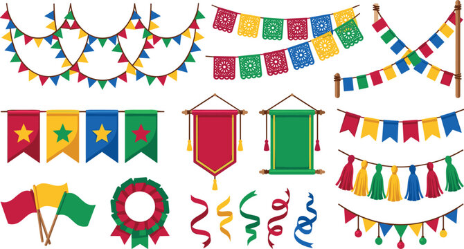 Fiesta party decorations and bunting garland banners set featuring colorful pennants mexican papel picado hanging tassels vertical flags streamers and celebration wreaths vector illustration