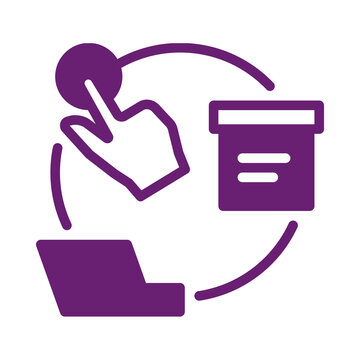 Online ordering process concept with hand touching button and laptop connected to box transparent background
