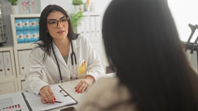 Woman doctor gestures with hands while speaking to patient, stethoscope in pocket and clipboard on desk in clinic; reassurance.