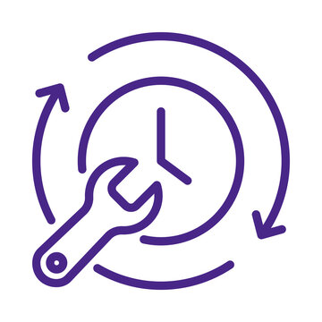 Purple line art graphic icon representing repair service and time management efficiency transparent background