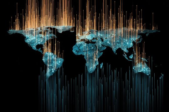 Digital world map illuminated by glowing data streams