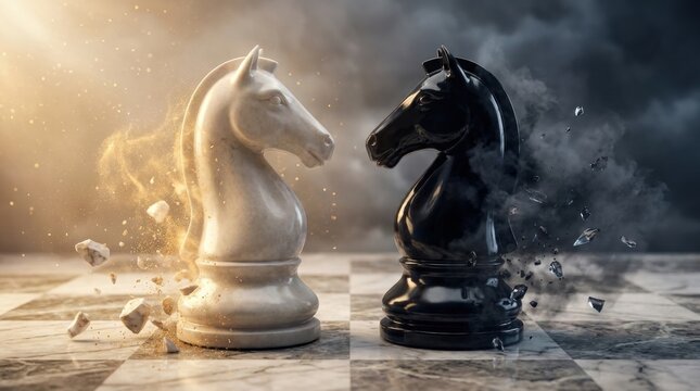 A conceptual battle between white and black chess knights, representing conflict, strategy, duality, and the struggle between light and shadow.