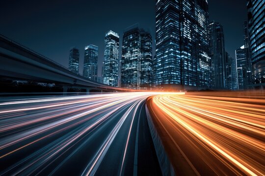 Streaking lights on highway at night blur past illuminated cityscape