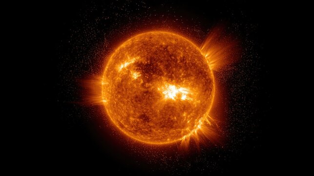 Fiery solar corona erupting with bright plasma streams against blackness