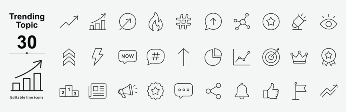 trending and hot topic icon line style viral social media editable stroke, Collection Of Line Icons Representing Various Concepts And Trends Featuring Minimalist Design