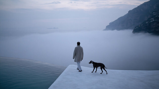 Person and Dog Standing on Dock at Misty Lake