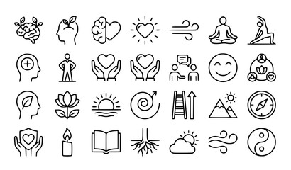 Fototapeta premium 6. Yoga Meditation Mindfulness and Wellness Outline Icons Collection Isolated on White Background Vector Design