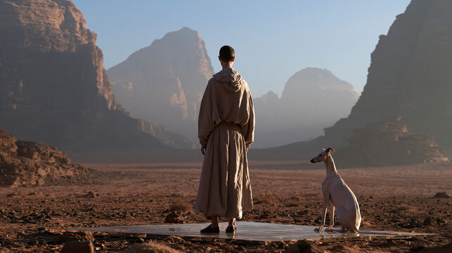 Monk Standing with Meerkat in Desert Canyon