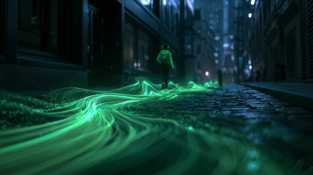 Digital Energy Flow Through Urban City Street at Night