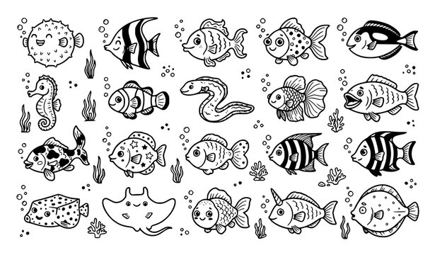 Cute Black and White Fish Collection Vector Illustration Set