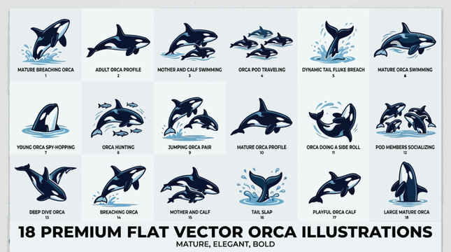 18 premium flat vector orca illustrations featuring mature killer whales in various poses including breaching pods