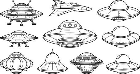 Ufo alien spaceship futuristic aircraft flying saucer icon set vector illustration outline line art isolated on white background © MstBabli