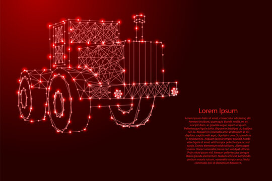 wheeled tractor from futuristic polygonal red lines and glowing stars for banner, poster, greeting card