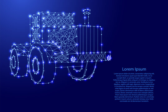 wheeled tractor from futuristic polygonal blue lines and glowing stars for banner, poster, greeting card