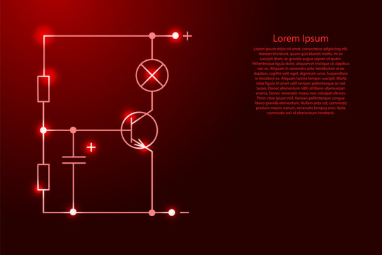 electrical circuit of radio components from red lines and glowing stars