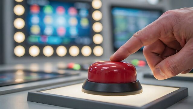 Hand pressing emergency stop button on industrial control panel for machine safety and operational control