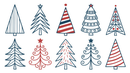 Modern hand drawn christmas tree collection in navy blue and red colors with geometric patterns and minimalist style © Sadhin07