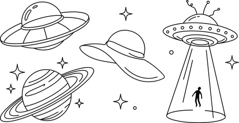 Ufo flying saucer beaming human planet saturn hat icon set vector illustration outline line art isolated on white © MstBabli