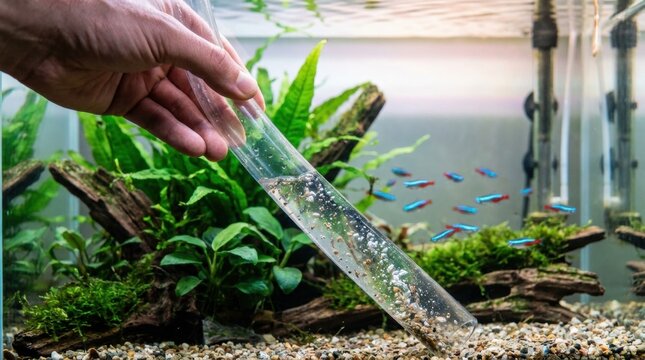 A person cleaning the gravel substrate of a freshwater aquarium using a plastic siphon vacuum tube to maintain a healthy environment for neon tetra fish.