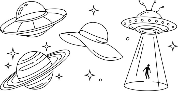 Ufo flying saucer beaming human planet saturn hat icon set vector illustration outline line art isolated on white