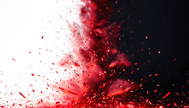 Red powder explosion on isolated background. Dynamic paint burst with particles.