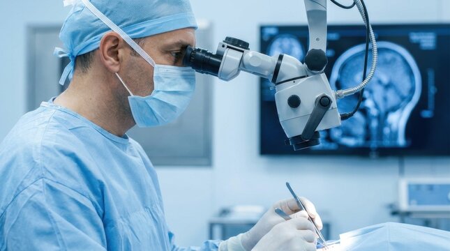 A focused surgeon in scrubs performing delicate microsurgery using a medical microscope with a brain MRI scan displayed on a monitor in the background.