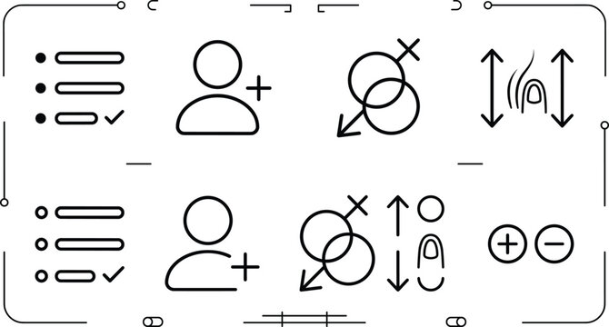 User interface line icon set featuring navigation checklists profile add friend gender symbols touch gestures and zoom control buttons