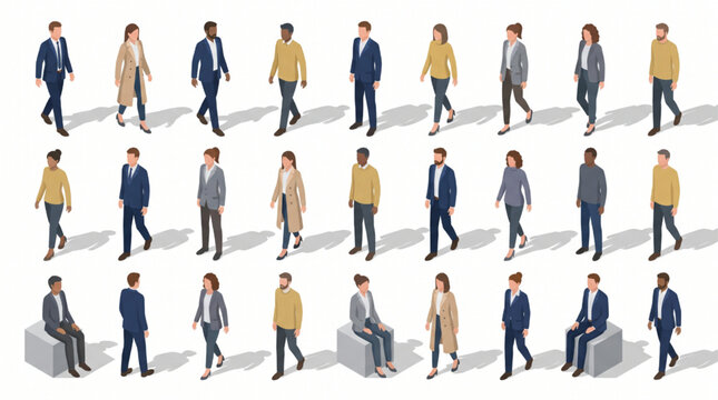 Isometric Vector Set of Walking and Sitting Business People Characters for Diagrams