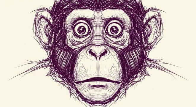 Expressive pencil sketch of a primate face, hand-drawn monkey portrait with detailed fur texture and wide-eyed gaze