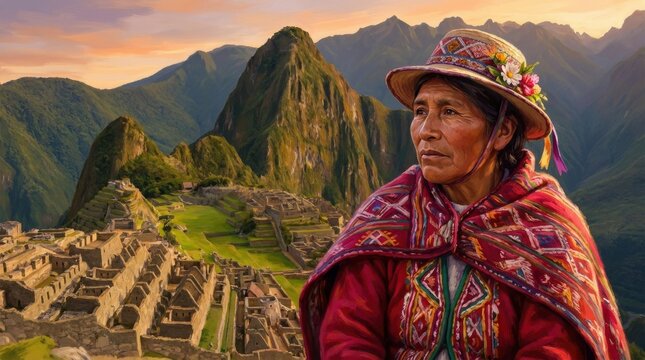 A portrait of an elderly Peruvian woman wearing traditional vibrant clothing and a floral hat, set against the breathtaking backdrop of the ancient Machu Picchu ruins.
