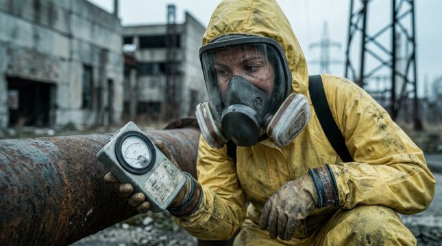 A person in a yellow hazmat suit and gas mask checks radiation levels with a geiger counter near rusty pipes at an abandoned industrial site.