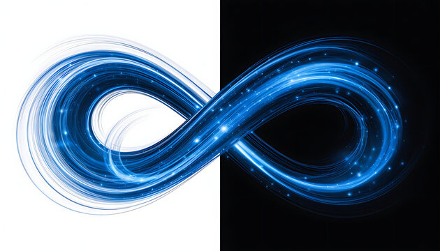 Glowing blue infinity symbol. Abstract light trail loop representing eternal connection.