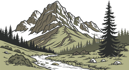 Vintage style mountain landscape drawing with river and coniferous forest illustration © Sadhin07