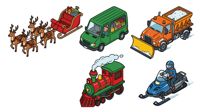 Isometric icon set of winter holiday vehicles with a reindeer sleigh, a delivery van, a snow plow truck, a steam train and a snowmobile
