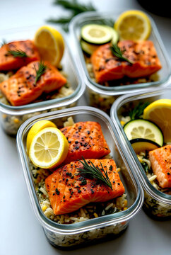 food containers with healthy baked salmon and side dish