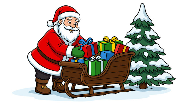 Cartoon illustration of santa claus pushing a wooden sleigh loaded with colorful wrapped gifts beside a snow covered pine tree