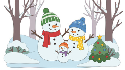 Fototapeta premium Children's storybook illustration of a snowman family standing together in a snowy wood beside a small decorated christmas tree