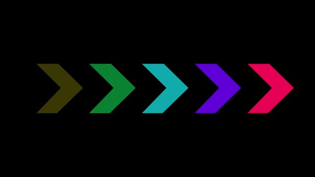 Colorful neon arrows pointing right in a sequence on black background arrow