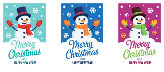 Fototapeta premium Cute Snowman Merry Christmas and Happy New Year Vertical Greeting Card Template Set with Festive Winter Holiday Snowfall Background Elements.